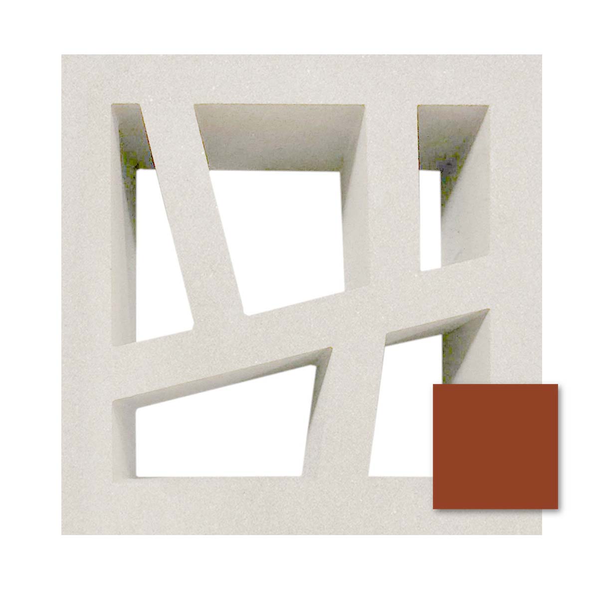 The Kyush Sample by New York Cement Tile is a geometric mid-century concrete screen with diagonal openings and a brown swatch.