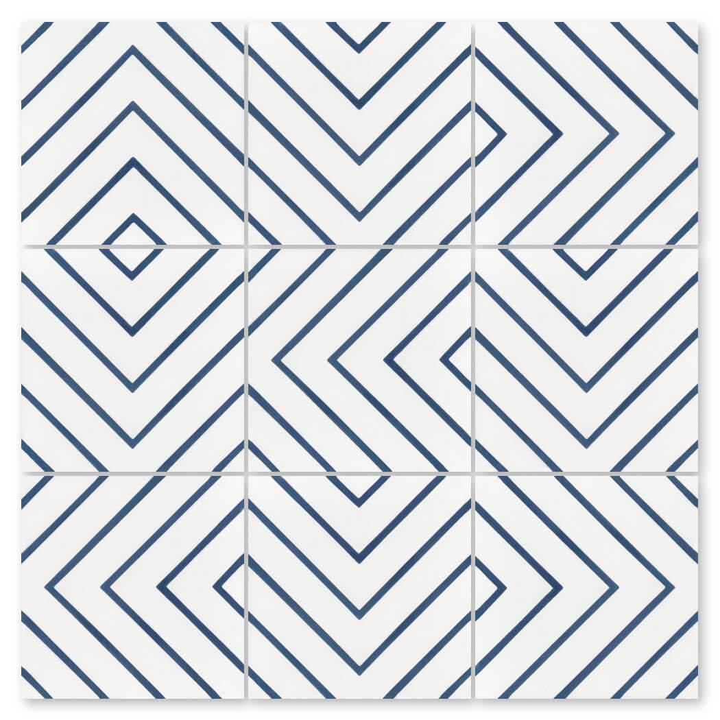 Nine white N20=437 B&W tiles by New York Cement Tile have dark blue lines forming a diamond and square geometric pattern.
