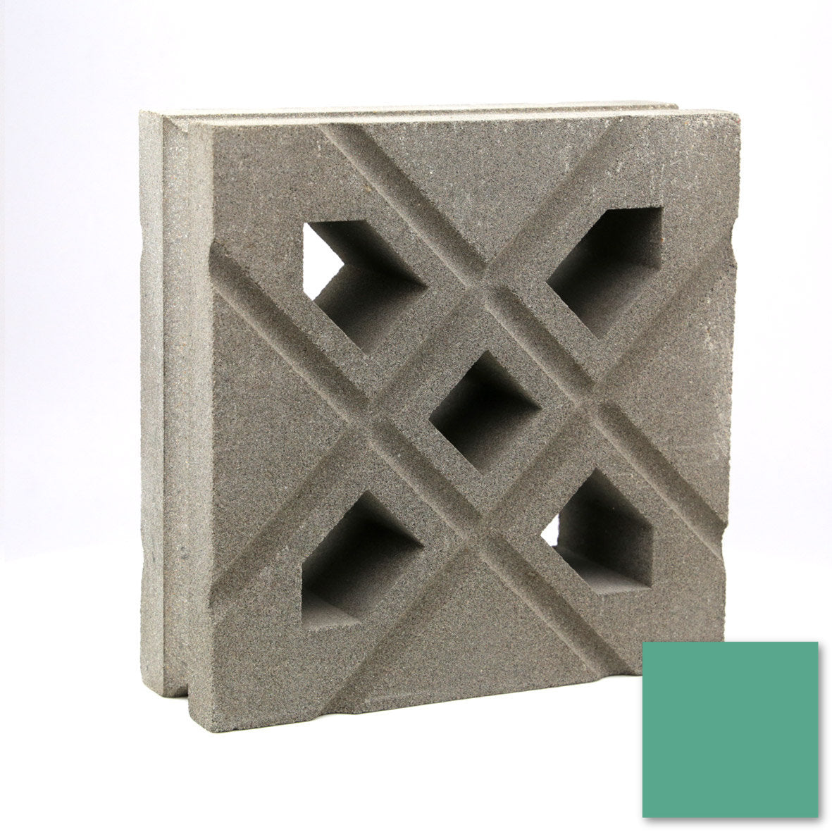 The Lana by New York Cement Tile is a mid-century gray concrete breeze block with geometric cutouts, shown with green swatch.