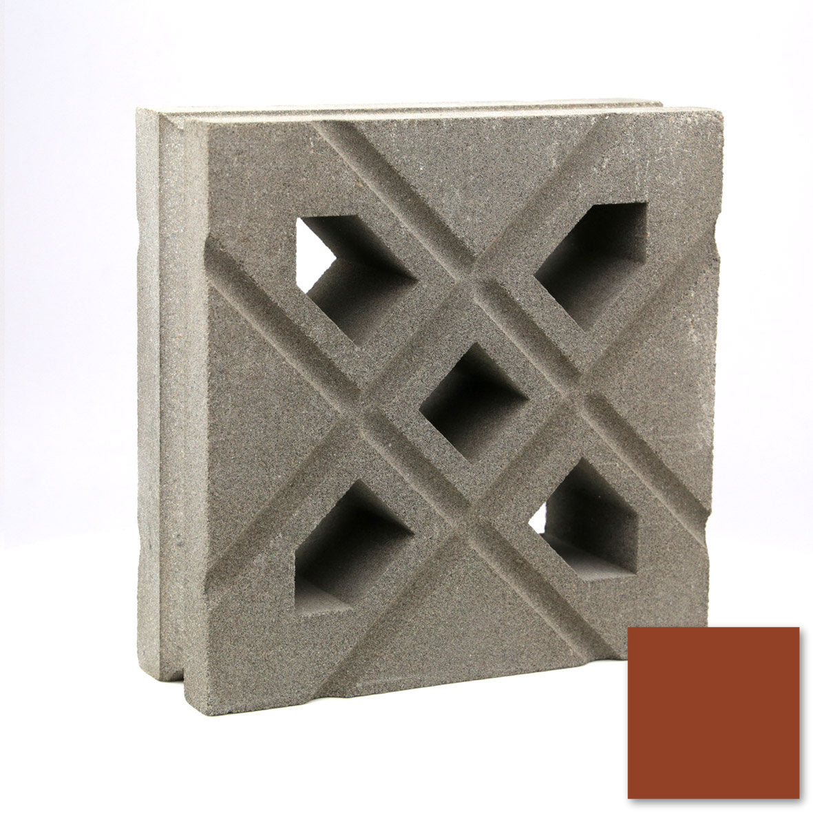 The Lana by New York Cement Tile is a gray breeze block with geometric cutouts, shown beside a rust-colored swatch.