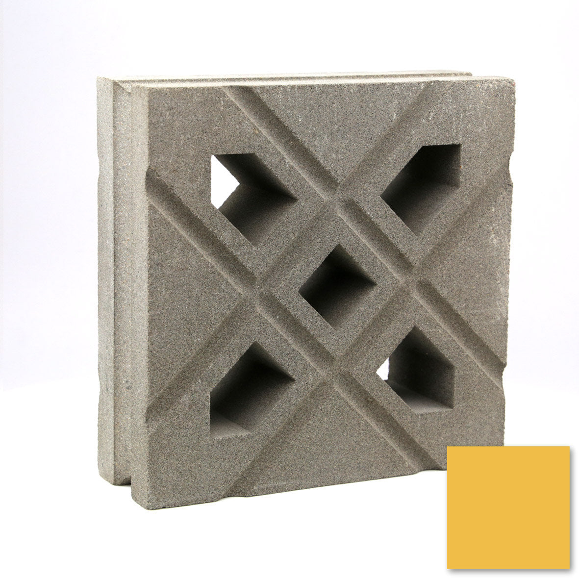 The New York Cement Tile Lana gray breeze block features a geometric pattern beside a small mustard yellow square.