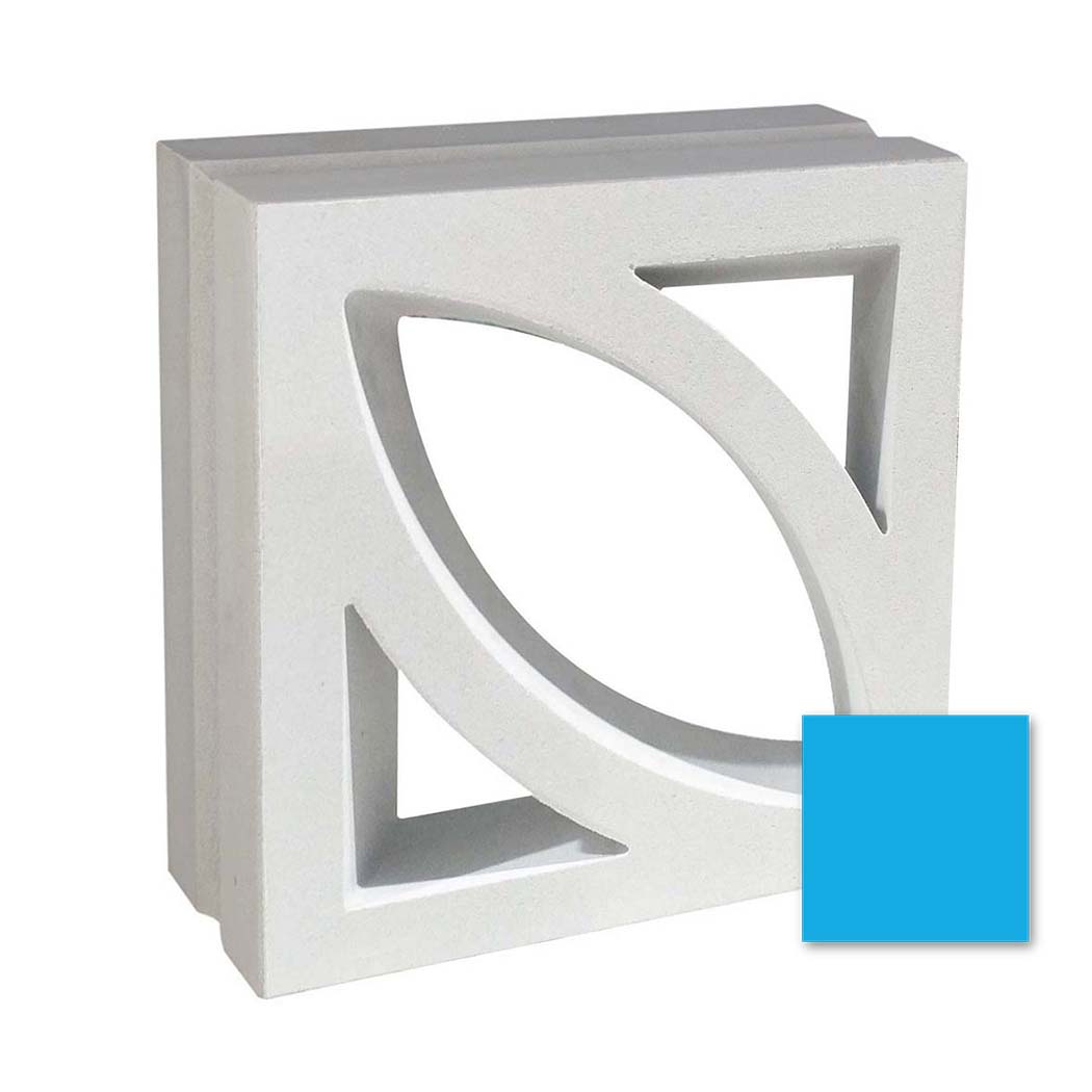 The Large Bev by New York Cement Tile is a white mid-century geometric concrete screen shown next to a bright blue square.