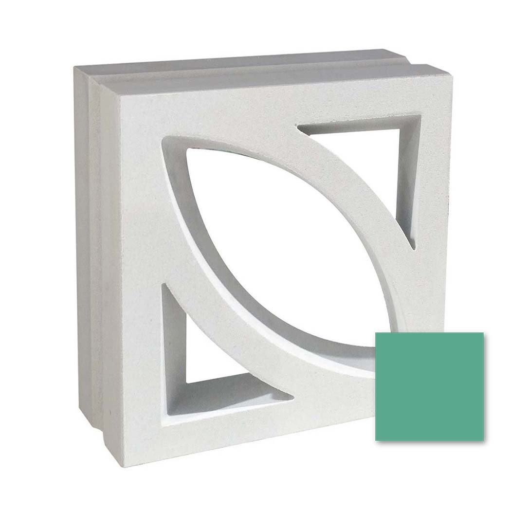 The Large Bev by New York Cement Tile is a white mid-century concrete screen with geometric cutouts, shown with green.