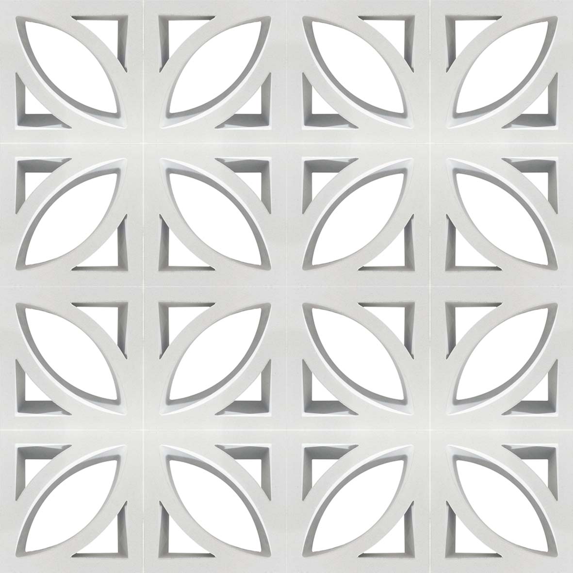 Large Bev by New York Cement Tile: white leaf geometric pattern ideal for mid-century modern garden walls or decorative partitions.