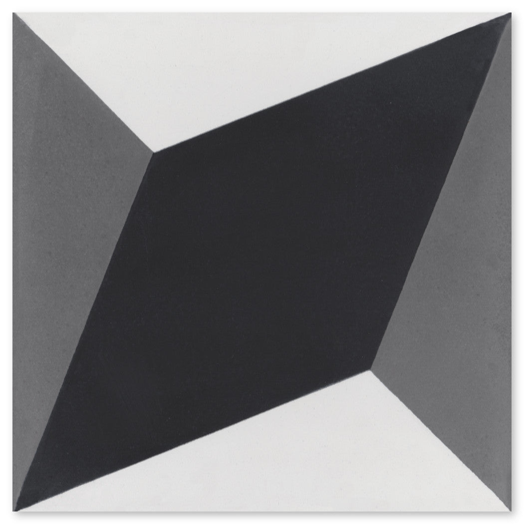 N20-034 by New York Cement Tile: abstract design with a black parallelogram and dark gray triangles, tile-inspired.