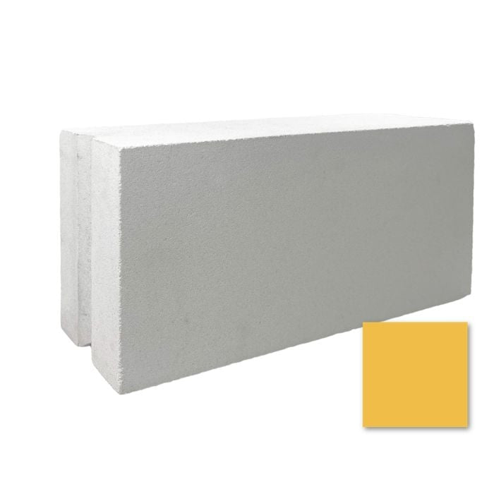 The Large Half Windy Ninety by New York Cement Tile: a white mid-century breeze block with a small yellow square on white.