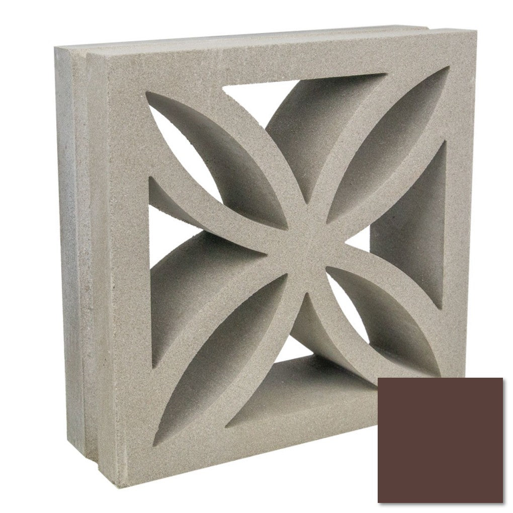 The Large Beeza Sample by New York Cement Tile is a mid-century breeze block with a geometric flower design and brown swatch.