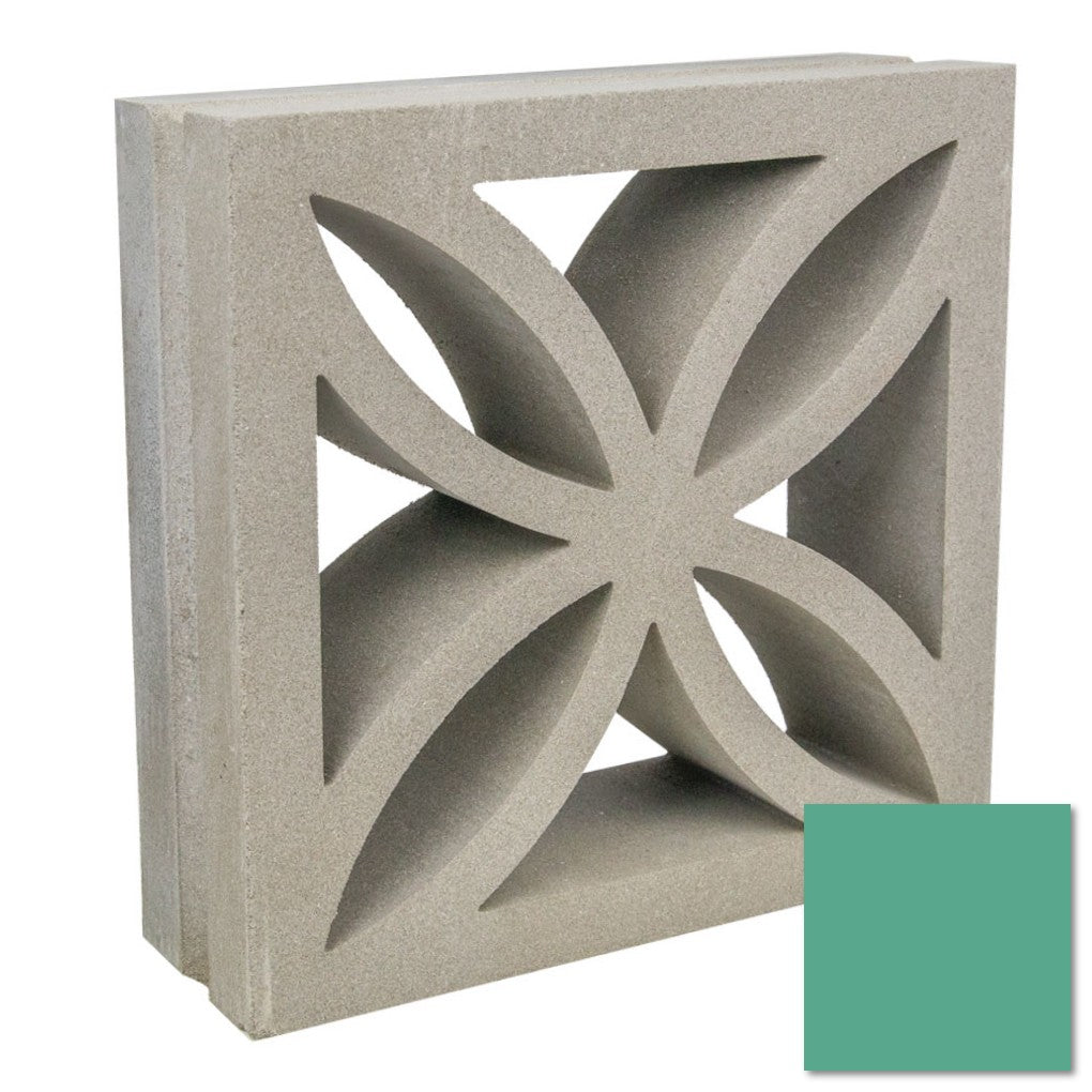 The Large Beeza Sample by New York Cement Tile features a mid-century floral geometric breeze block next to a teal color swatch.