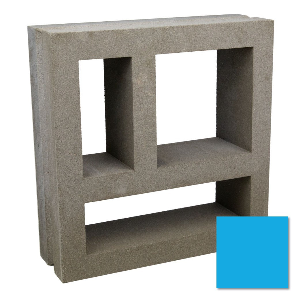The Large Kaua Sample by New York Cement Tile is a gray breeze block with 3 holes, blue square overlaid bottom right.