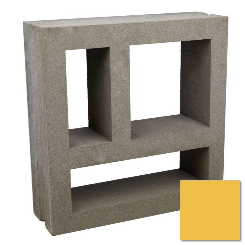 Large Kaua Sample by New York Cement Tile: a gray hollow breeze block with rectangular cutouts and a yellow square sample.