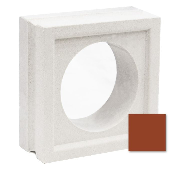 Large Maldy sample by New York Cement Tile: a white mid-century block with big circular hole and rust-red color swatch.