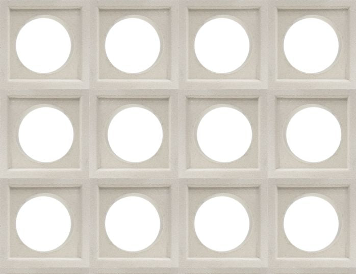 The Large Maldy sample by New York Cement Tile features a grid of twelve square panels with circular cutouts in a breeze block style.