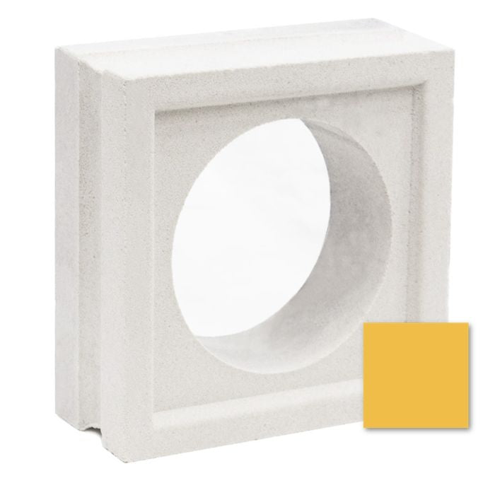 The Large Maldy sample by New York Cement Tile is a mid-century square Breeze Block with a big circle cutout and mustard yellow swatch.