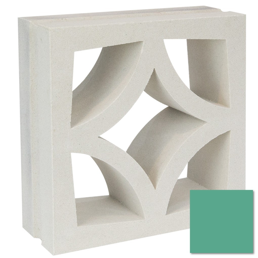The Large Malta by New York Cement Tile is a white concrete screen block with geometric cutouts and a teal swatch.
