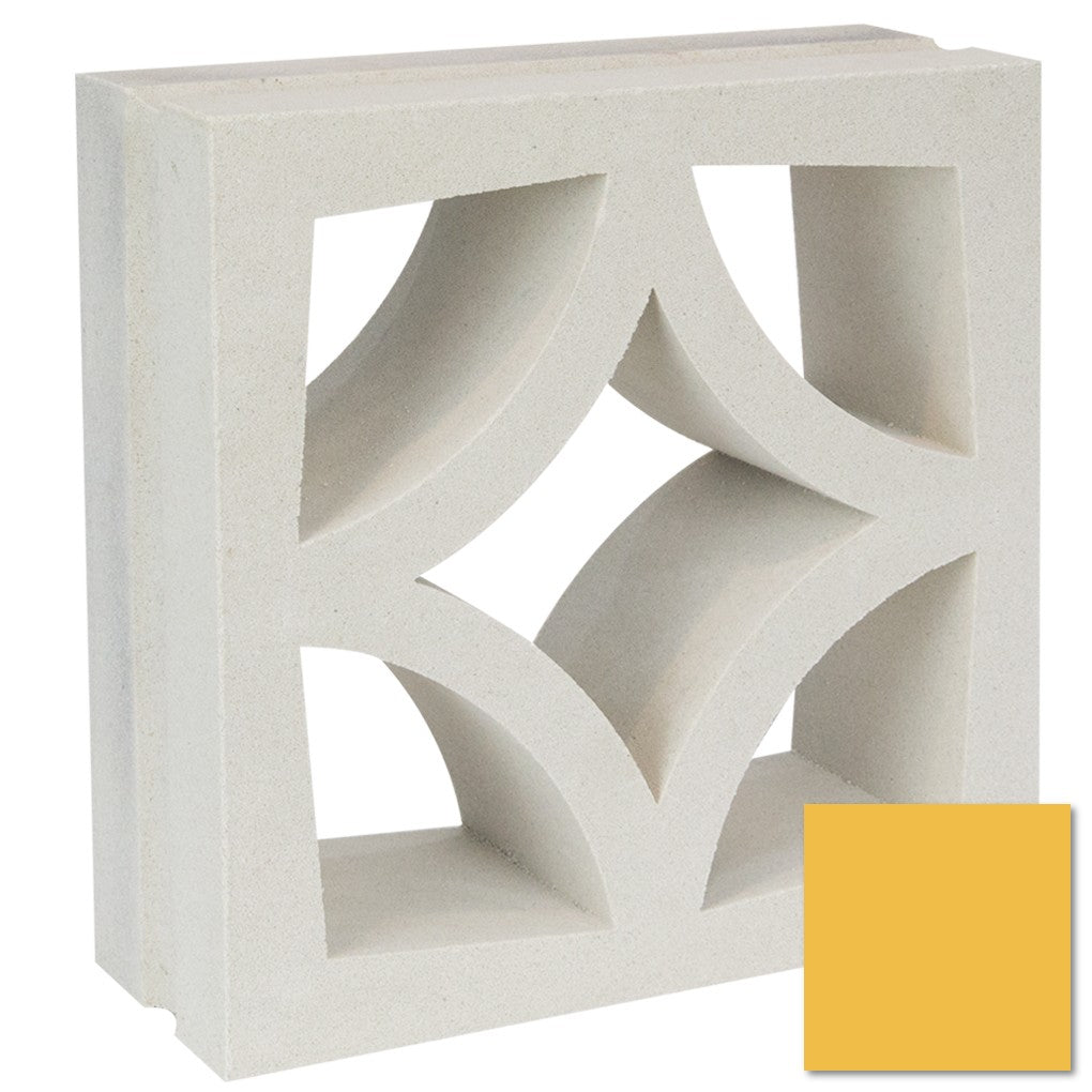 The Large Malta by New York Cement Tile: a white concrete screen with geometric cutouts and mustard yellow, ideal for mid-century decor.