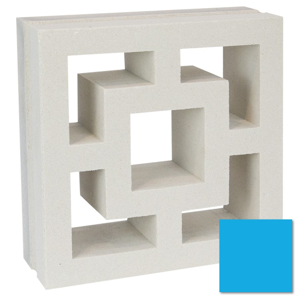 The Large Tong by New York Cement Tile, a white breeze block with geometric cutouts, sits beside a solid blue swatch.
