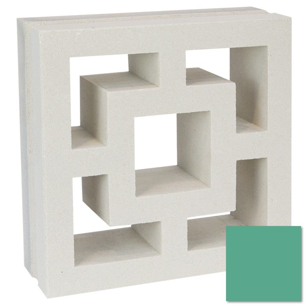 The Large Tong by New York Cement Tile is a green geometric breeze block, perfect for privacy screens.