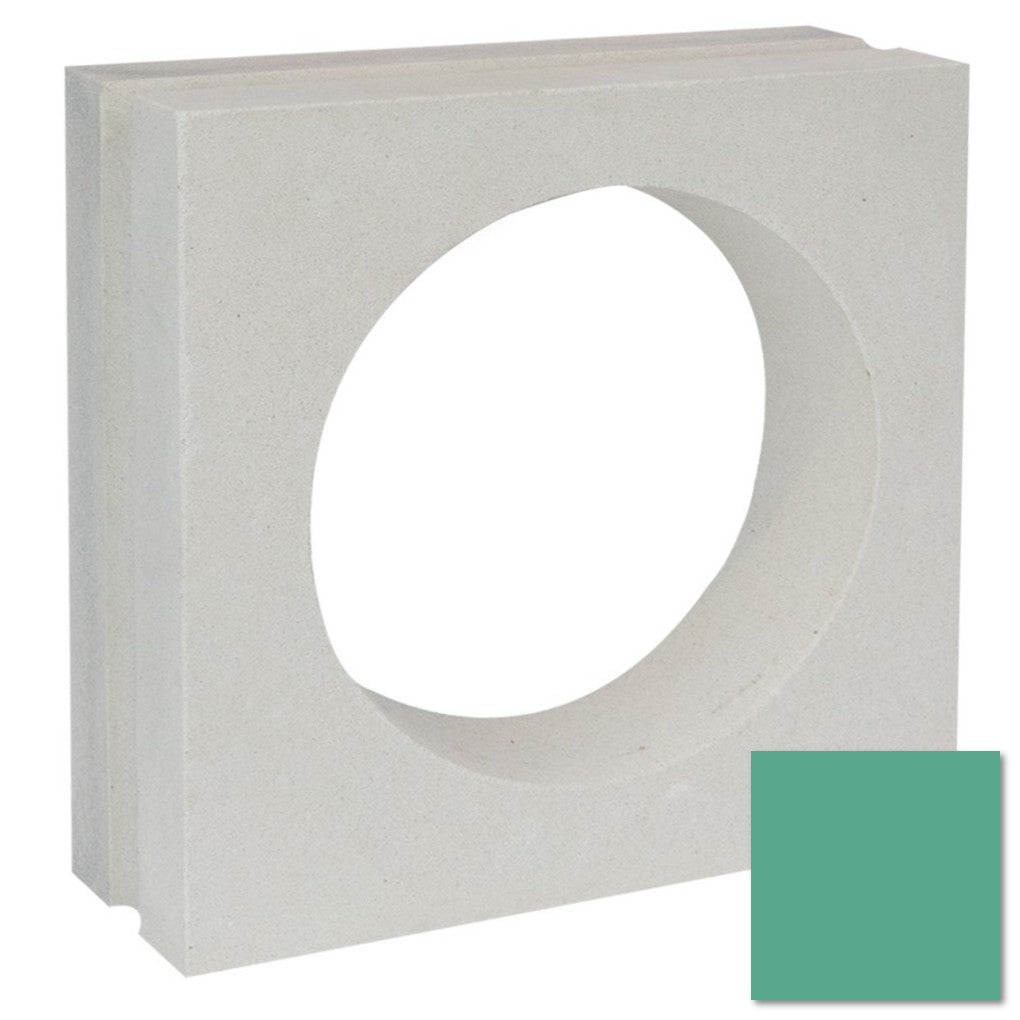 Large Tortie Sample by New York Cement Tile: a square white concrete screen with a large circular hole & teal accent.