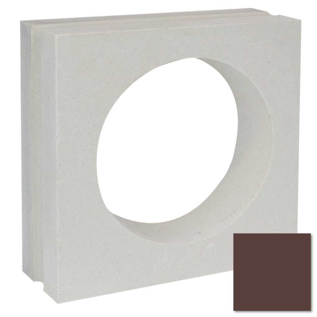 Large Tortie Sample by New York Cement Tile: square white concrete screen with round center hole, brown swatch at corner.