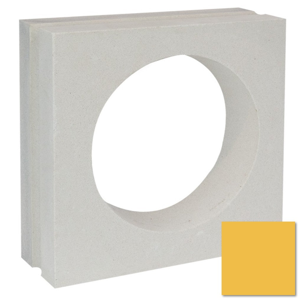 Large Tortie Sample by New York Cement Tile: square concrete block with large circular hole, yellow accent, mid-century style.