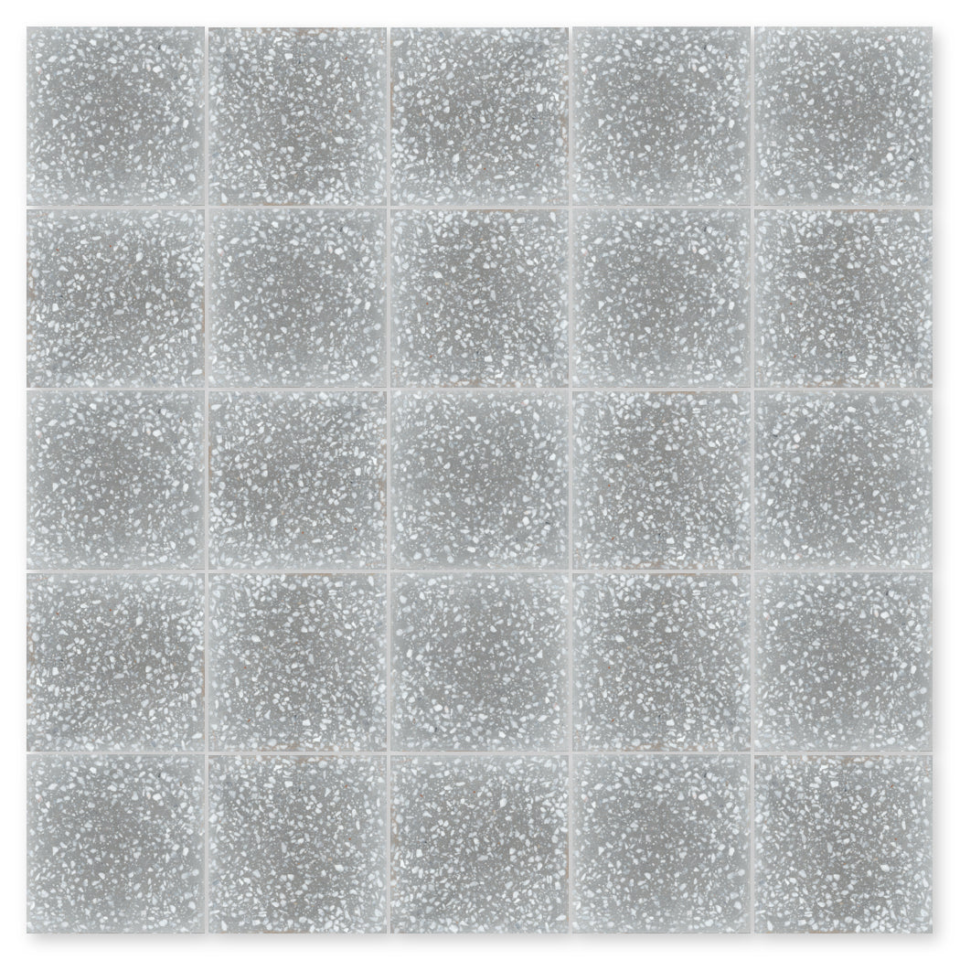 A grid of 25 Terrazzo 12X12 -NT30-Urbanite tiles by New York Cement Tile, gray with speckles and white grout.
