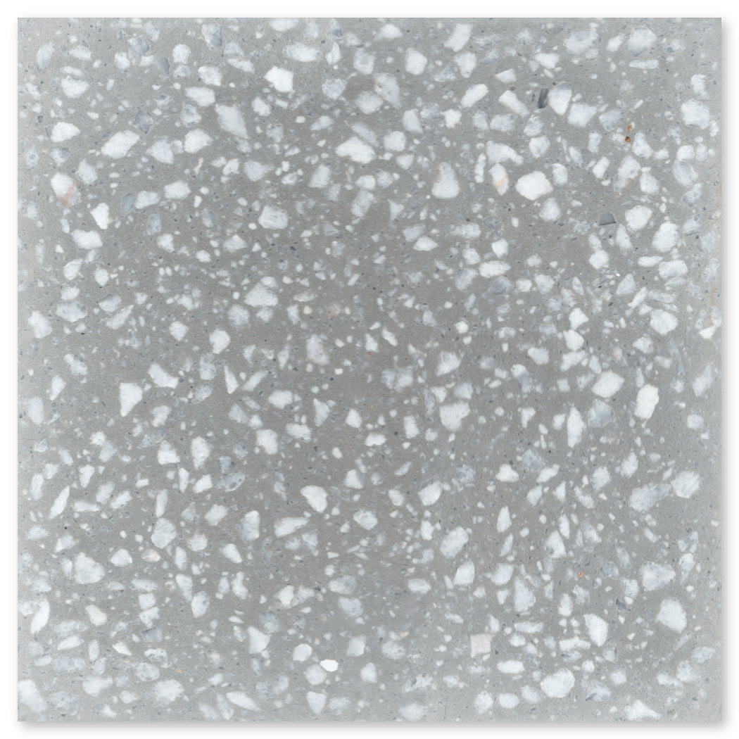 New York Cement Tile’s Terrazzo 12X12 -NT30-Urbanite sample features a durable gray tile with white and light gray chips.