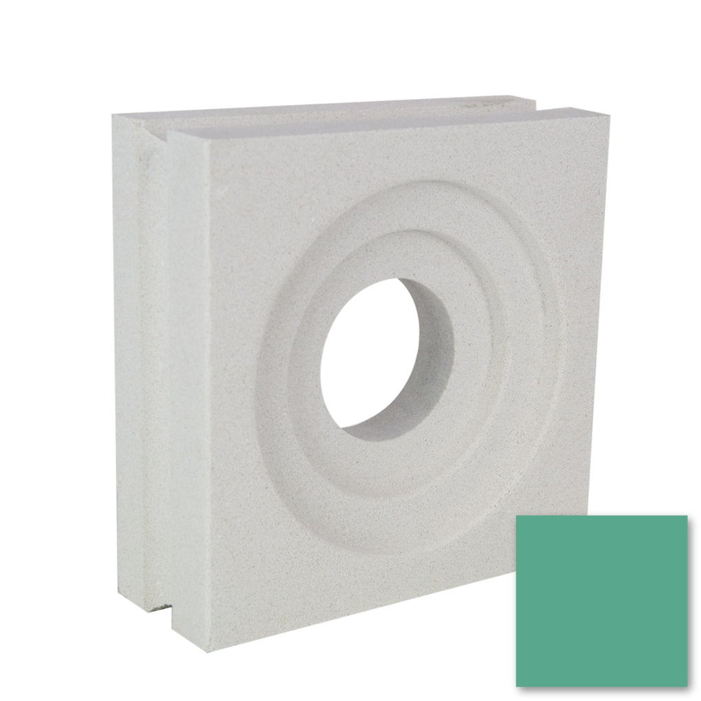 Luzi Sample by New York Cement Tile: square white breeze block with round hole, concentric circles, and green accent.