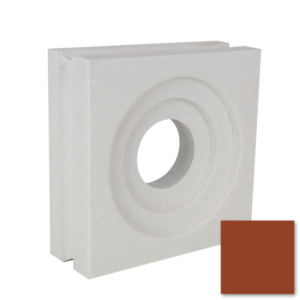 The Luzi Sample by New York Cement Tile: a square, light gray breeze block with a circular hole and reddish-brown swatch.