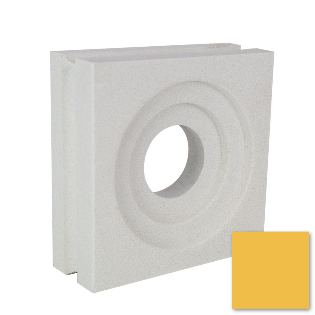 Luzi Sample by New York Cement Tile: square, light breeze block with round cutout and golden yellow swatch in the corner.