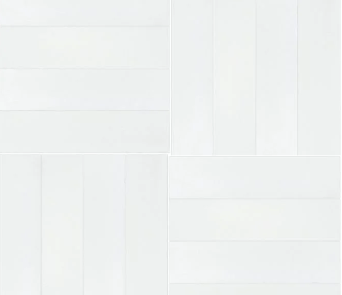 Four 2x8 solid white cement tile samples by New York Cement Tile are arranged in a 2x2 grid, great for kitchen backsplashes.