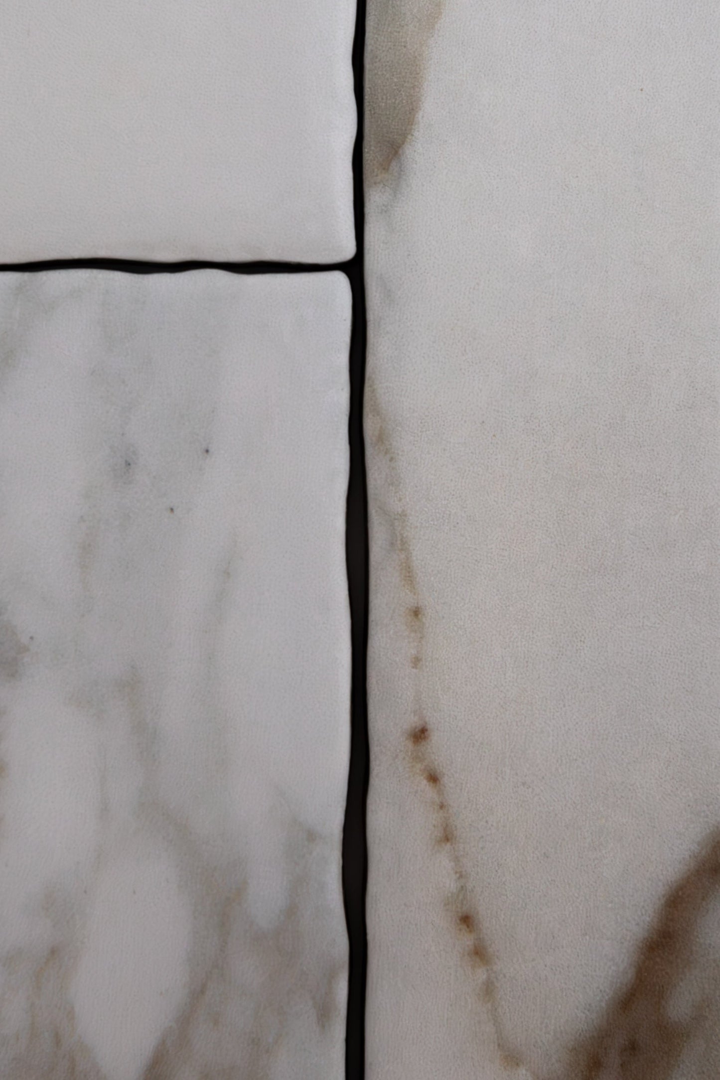 Close-up of Tosca Macchia Vecchia Extra Sample—four white tiles with dark grout and light brown veining on the right.