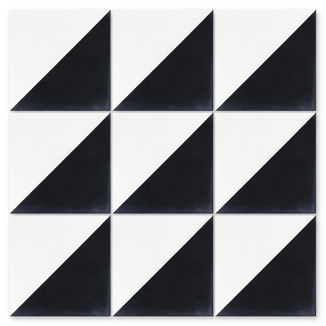 The N20-139 Black & White Sample by New York Cement Tile features 12 tiles split diagonally into black and white triangles.