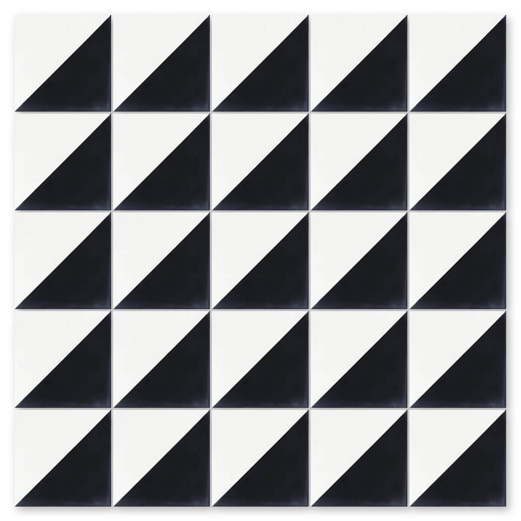 The N20-139 Black & White sample by New York Cement Tile features a geometric, checkered grid of handmade triangles.