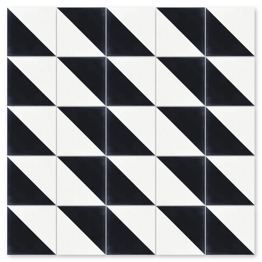 The N20-139 Black & White tile from New York Cement Tile features a bold diagonal black and white geometric pattern.