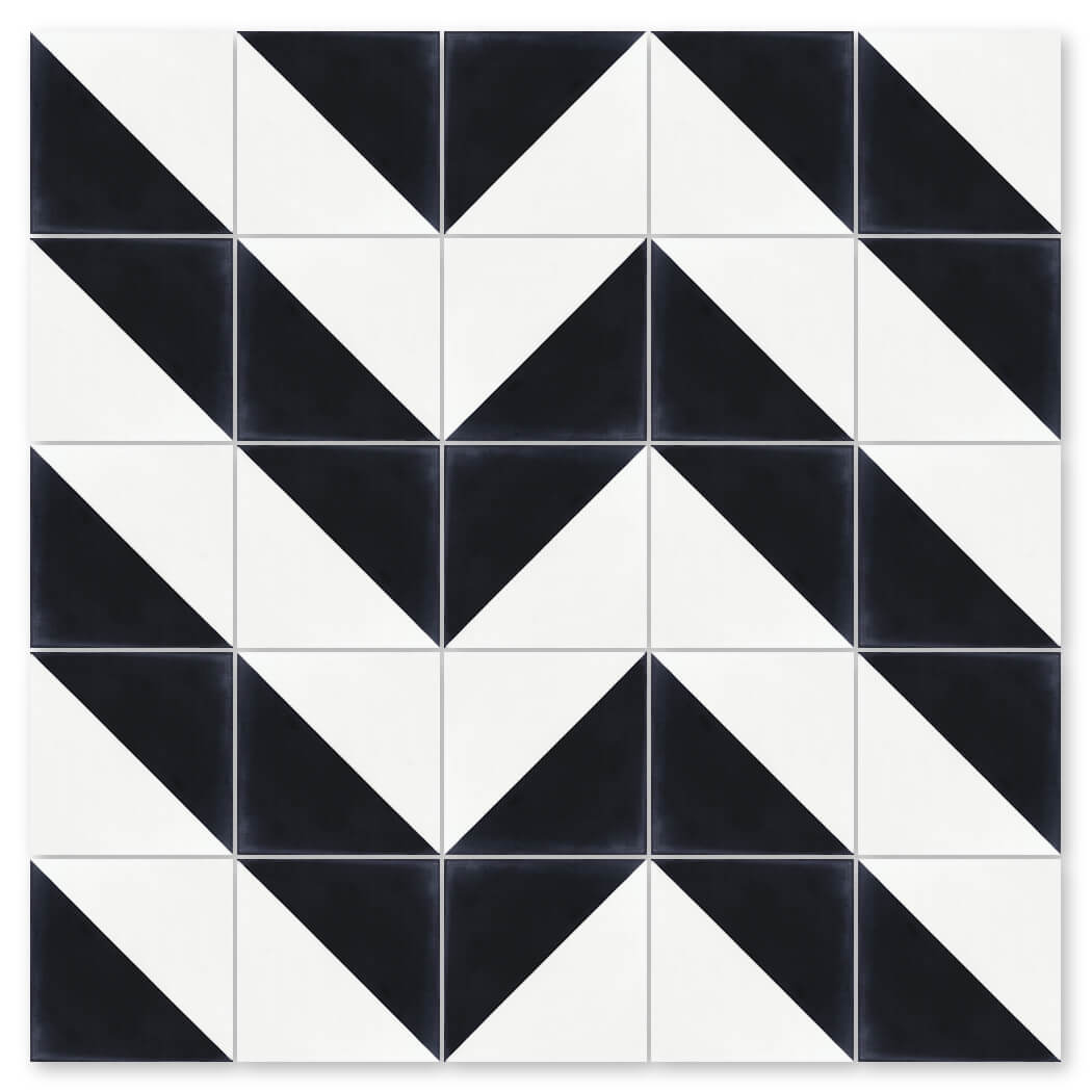The N20-139 Black & White sample by New York Cement Tile features a chevron zigzag of black and white triangles.