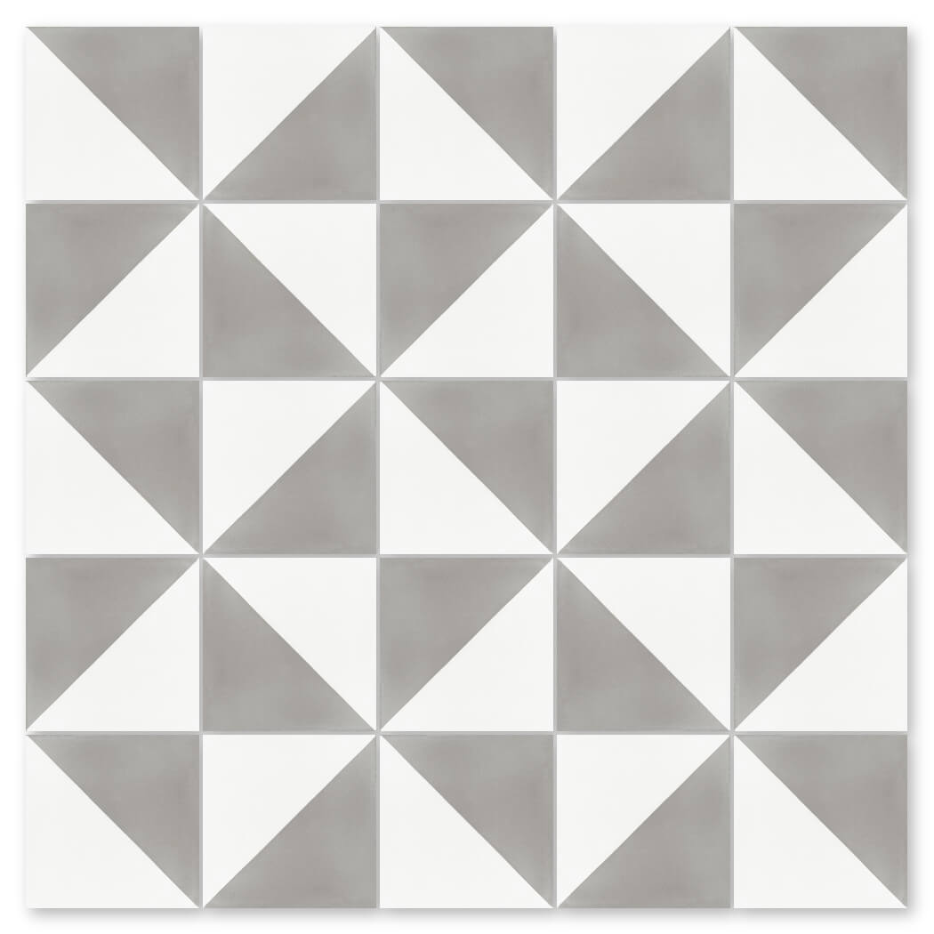 The N20-139 Soft Slate & White by New York Cement Tile features gray and white triangles forming grid squares.