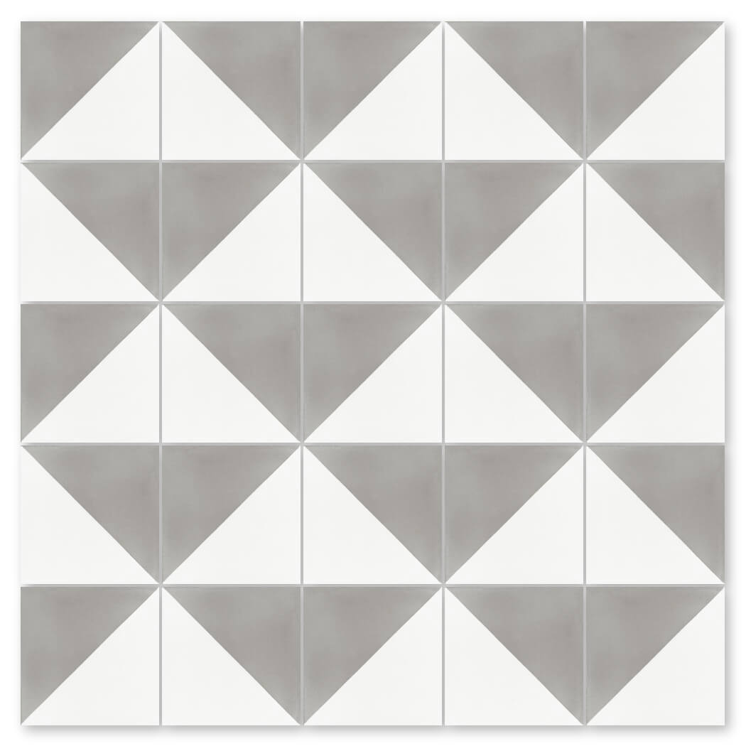 The N20-139 Soft Slate & White sample from New York Cement Tile features a grid of geometric gray and white triangles.