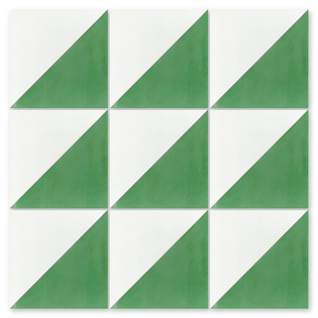 A set of 12 N20-139 Green & White tiles by New York Cement Tile forms a grid with diagonal green and white triangles.