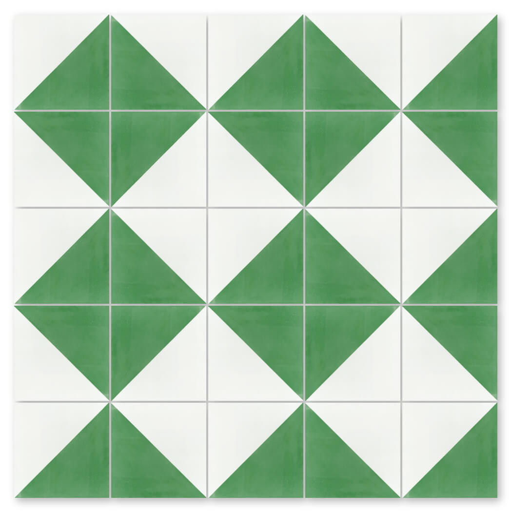 The N20-139 Green & White sample by New York Cement Tile features a grid of green and white triangles in a diamond pattern.