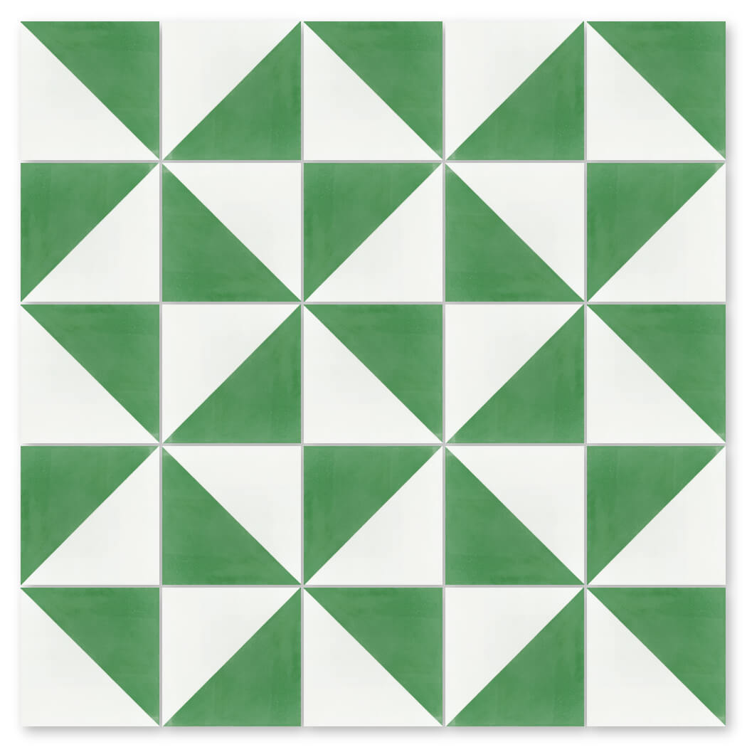 The N20-139 Green & White sample by New York Cement Tile features a geometric diamond pattern for stylish, durable floors.