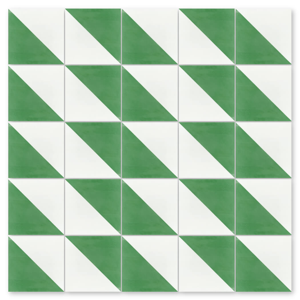 The N20-139 Green & White by New York Cement Tile features diagonal green and white halves in an alternating grid pattern.