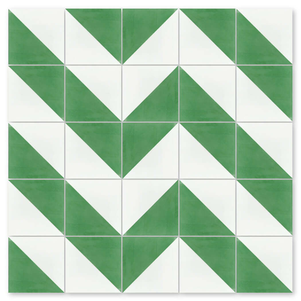 N20-139 Green & White by New York Cement Tile: green and white triangles form zigzag stripes on handcrafted tiles.