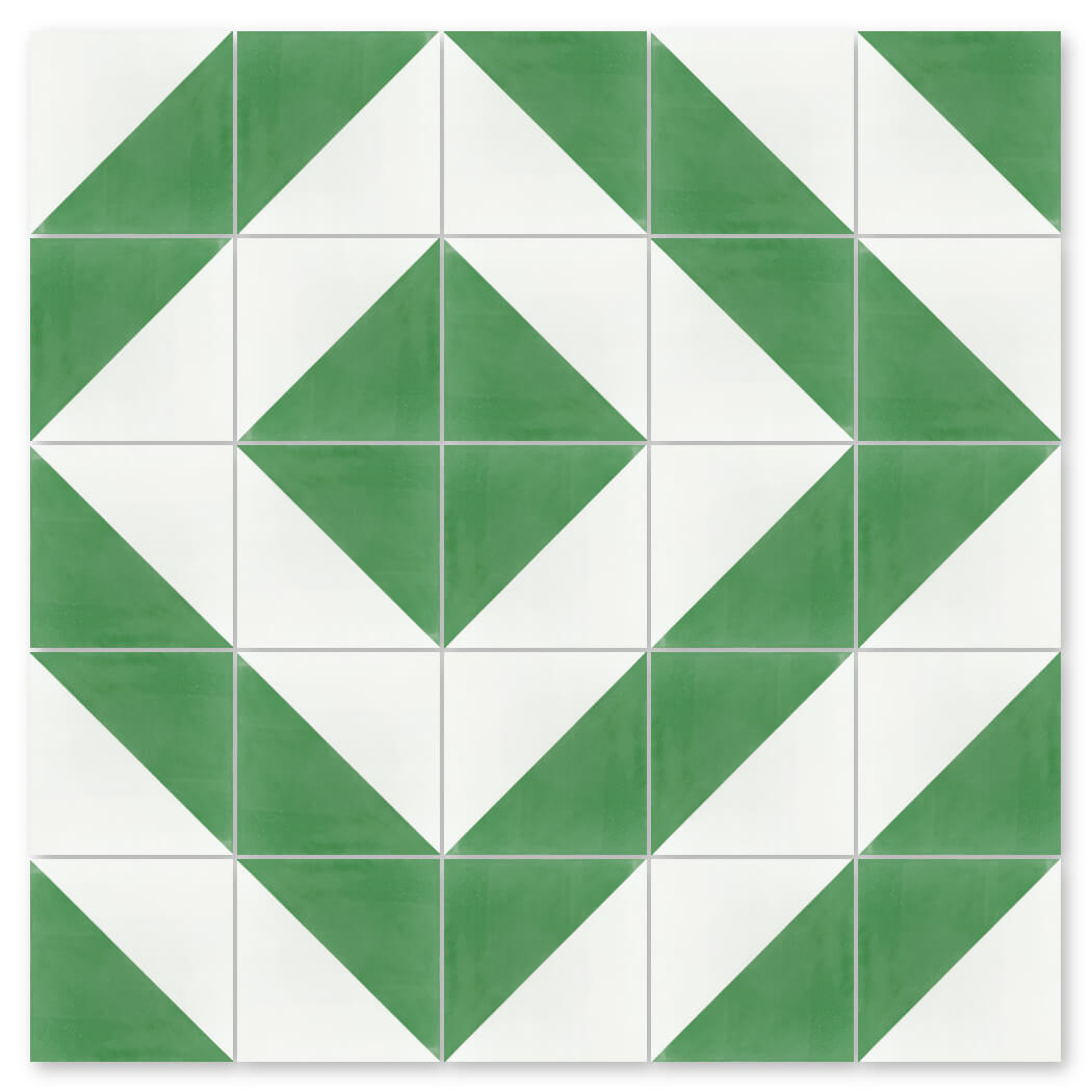 The N20-139 Green & White by New York Cement Tile features a geometric diamond and arrow pattern in green and white.