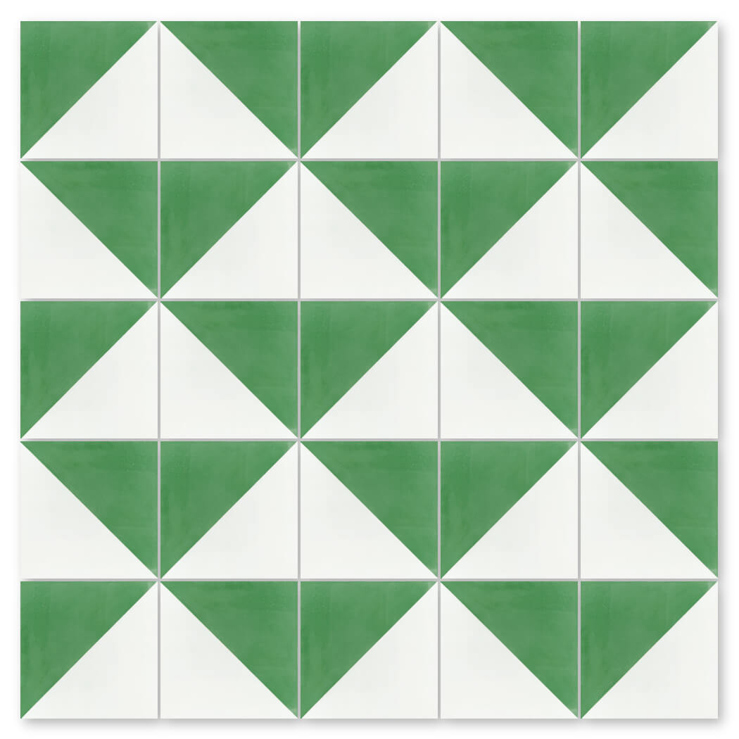 The N20-139 Green & White tile by New York Cement Tile features a repeating geometric grid of green and white triangles.