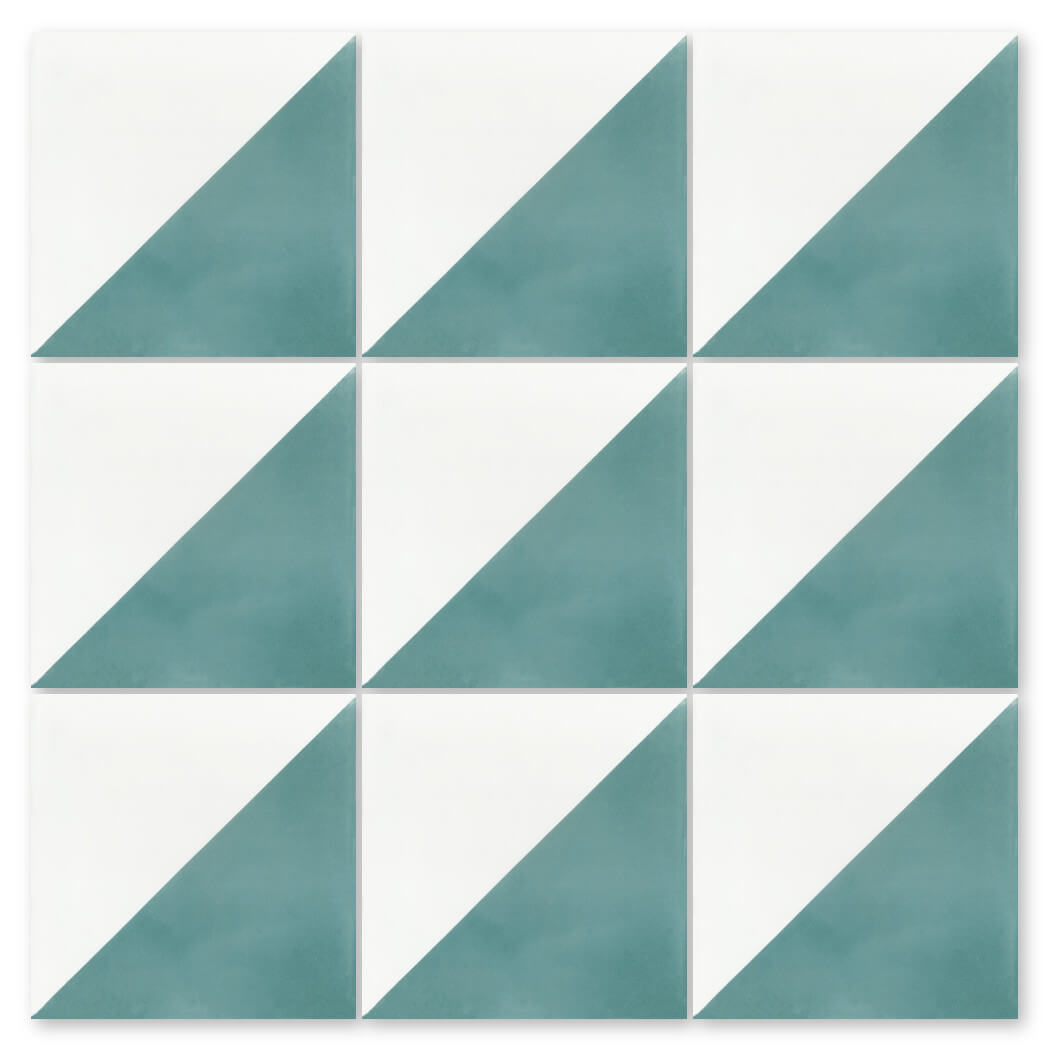 A set of twelve N20-139 Malibu & White tiles by New York Cement Tile, each split into white and teal triangles.