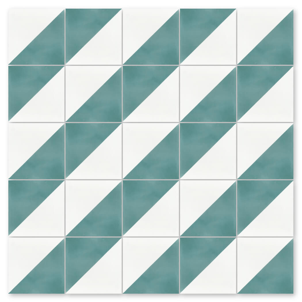 N20-139 Blue & White by New York Cement Tile features teal and white triangles forming diagonal stripes in a geometric grid.