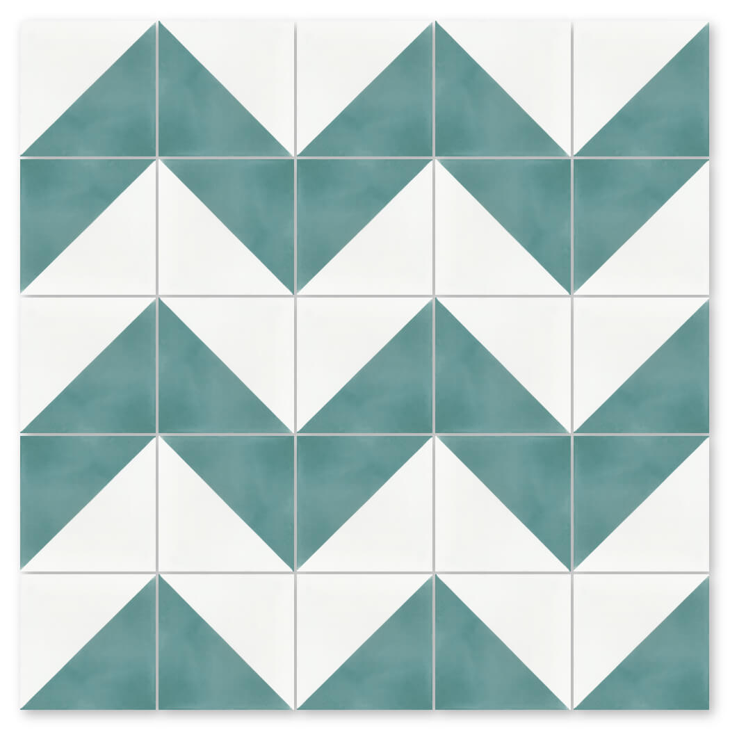 The N20-139 Malibu & White sample by New York Cement Tile features teal and white chevrons on durable cement tiles.