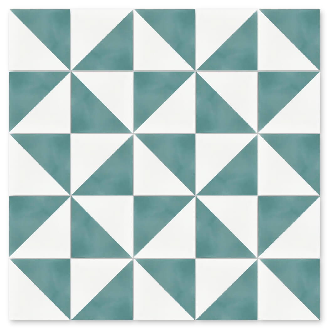 The N20-139 Blue & White tile by New York Cement Tile features blue and white triangles forming squares in geometric patterns.