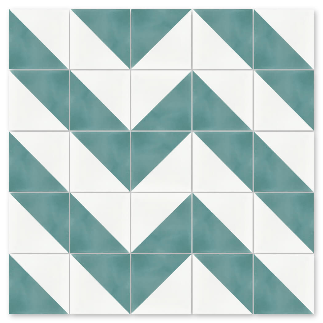 N20-139 Malibu & White by New York Cement Tile features teal and white triangles in zigzag chevron patterns.