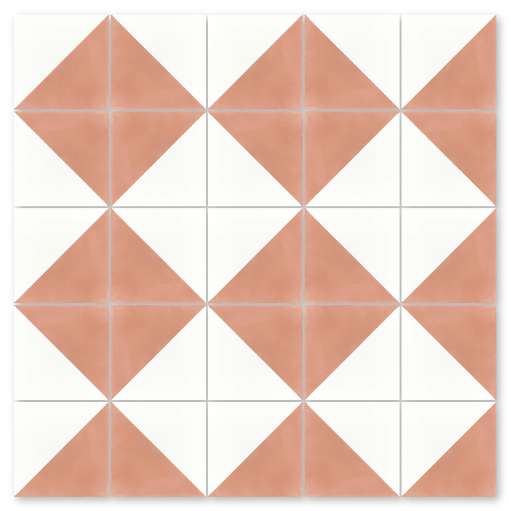 N20-139 Misty Coral & White by New York Cement Tile features a diamond grid of white and coral triangles on durable cement tiles.